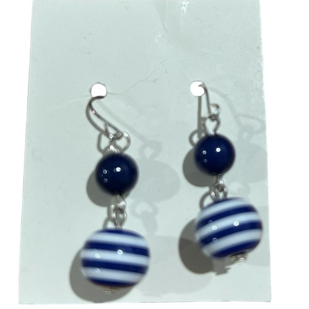 Silver Tone Pierced Earrings with Blue and White Stripe and Solid Blue Beads - Picture 2 of 3